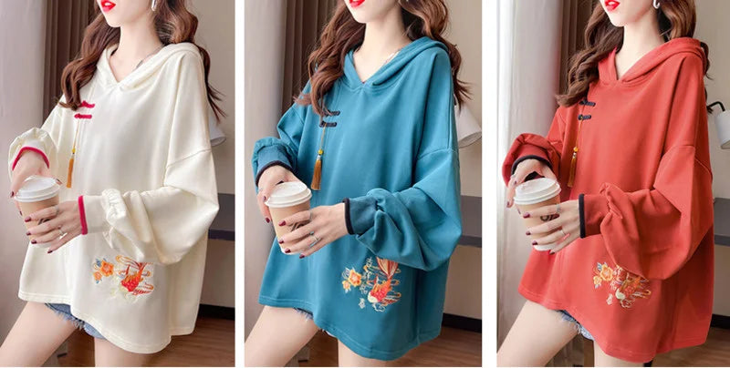 Chinese Style Lucky Carp Embroidery Loose Hoodies Women Drop Shoulder Buckle Tassel Hooded Sweatshirt Female Vintage Clothes