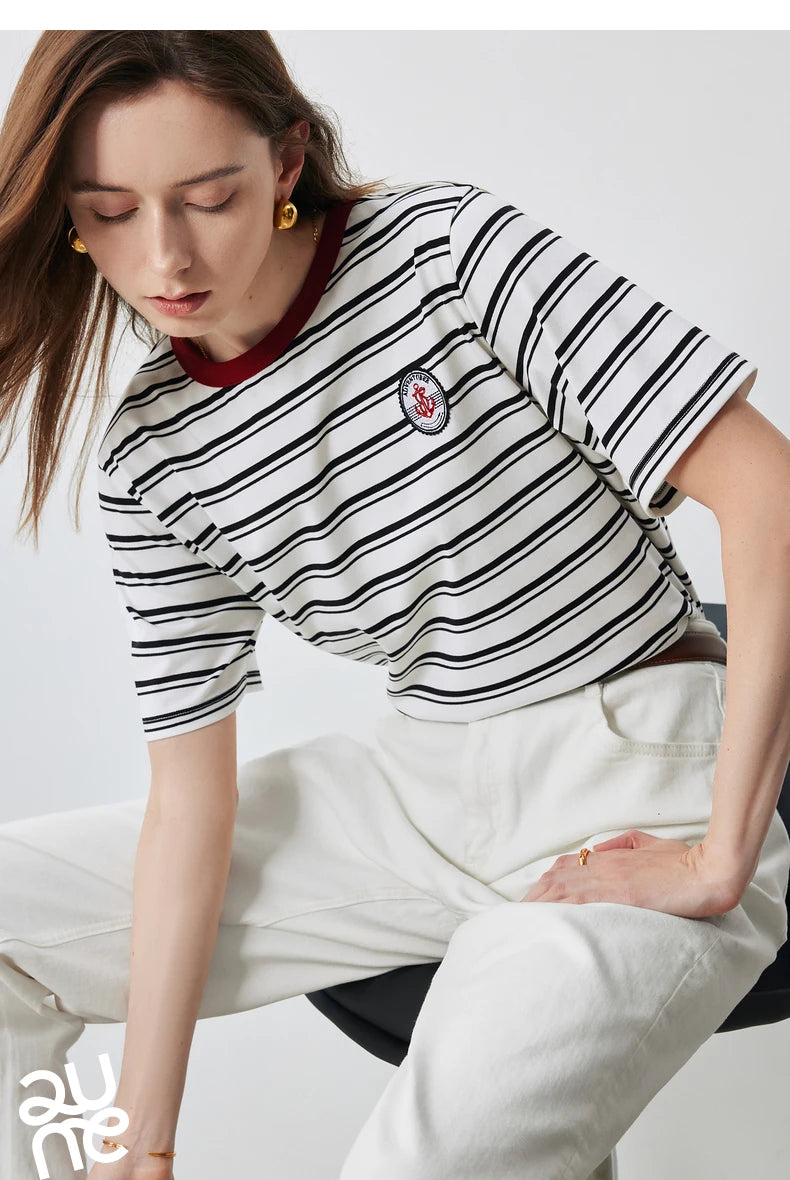 TOYOUTH Women Striped Short Sleeved T-shirt 2024 Summer New Academy Style Round Neck Top