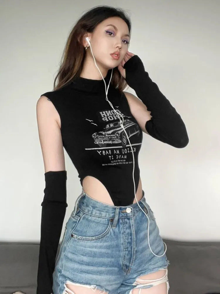 Summer American Retro Sexy Punk Y2K Grunge Cartoon Letter Printing Bodysuit Women Streetwear Slim Vest Bodycon Tops Jumpsuits