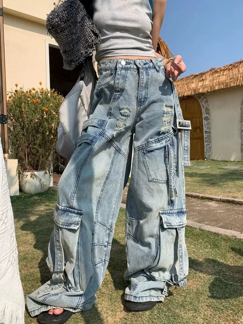 American Fashion Trends Joker Tooling Pocket Baggy Jeans Female Street Y2K New Hip Hop Oversized Wide-leg Pants Unisex Jeans