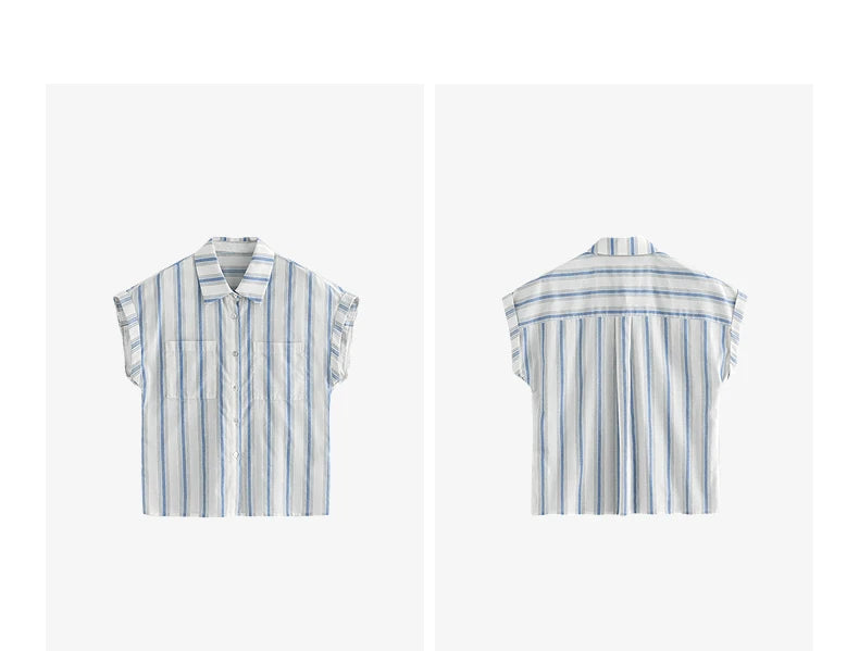 TOYOUTH Women Blouse Shirt 2025 Summer New Blue and White Striped Sleeveless Turn Down Collar Casual Shirt Tops 8522042