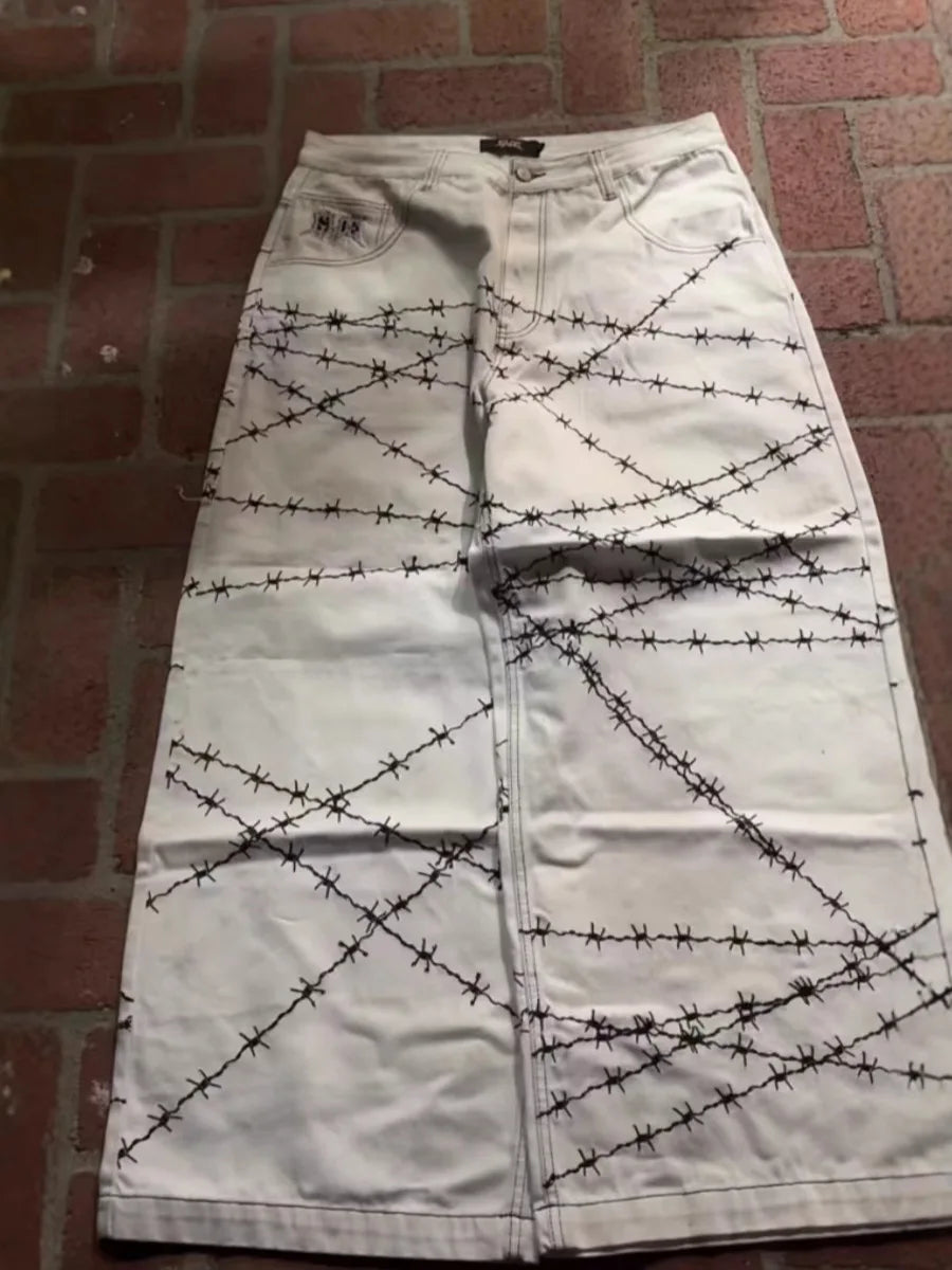 Jeans y2k high street hip hop loose wide-leg casual pants men's pants jeans street wear printed gothic style trousers hot sale