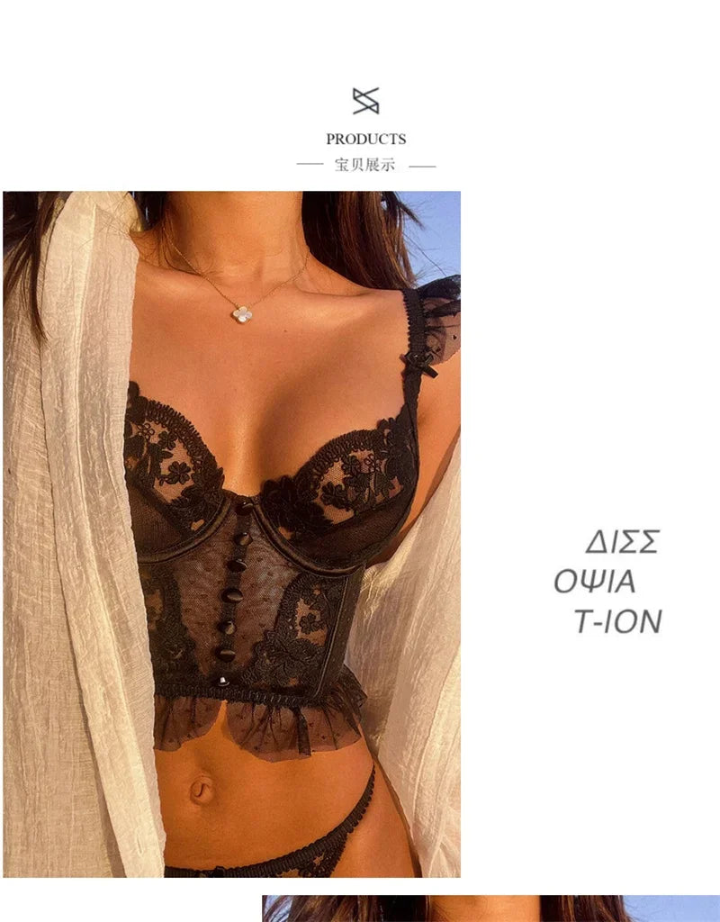 French Sexy Ultra Thin Underwear Women Lace Embroidery Flowers Bra Set Breathable Body Shap Bras and Thongs Sets Lingerie