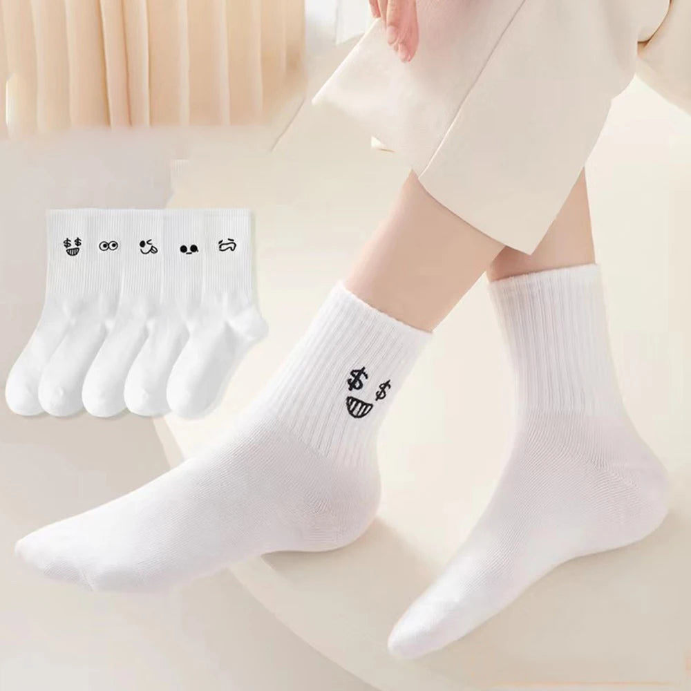 5/10 Pairs Women White Cartoon Socks Trendy Versatile Expression Socks Simple Design Soft Breathable Comfortable Casual Socks