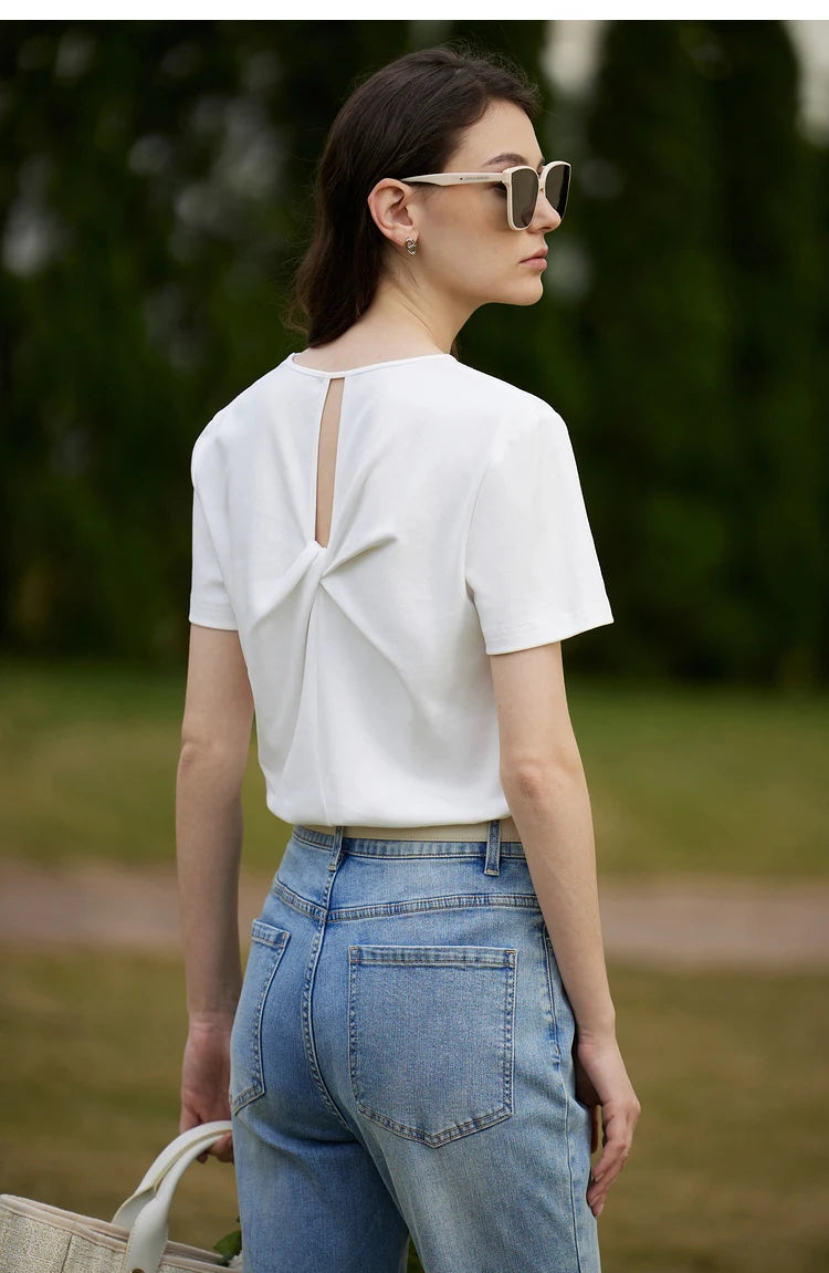 AMII Minimalism 100% Cotton Hollow Out Solid Short Sleeves Tees 2025 Spring New V Neck Top Women Casual Female T Shirt 12342289