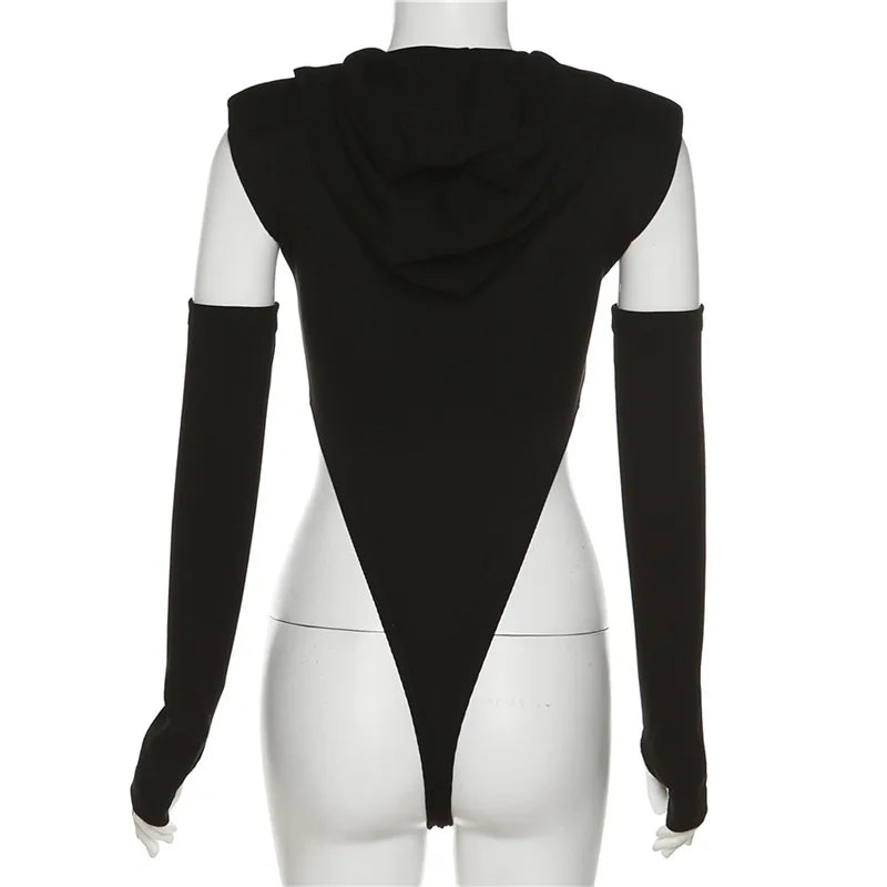 Fashion Solid Color Hooded Bodysuit One Piece Sexy Round Neck Sleeveless Lingerie Sexy Casual Slim Streetwear Festival Outfit