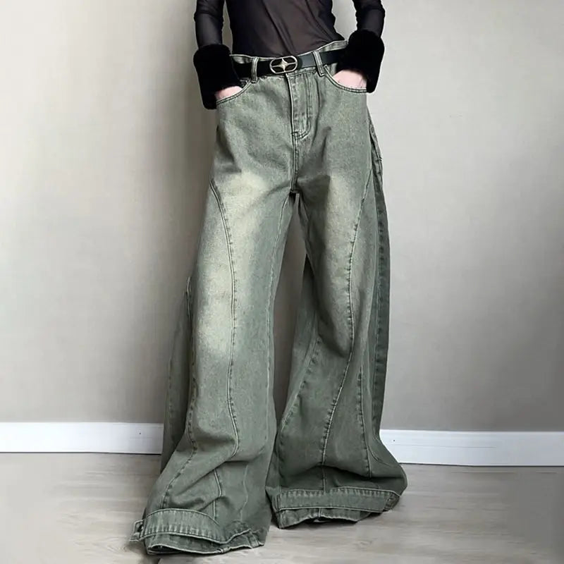 Retro Fashion Old-segmented Denim Cargo Pants Low Waist Loose American Street Harajuku Casual Jeans Women Unisex Wide-leg Pants