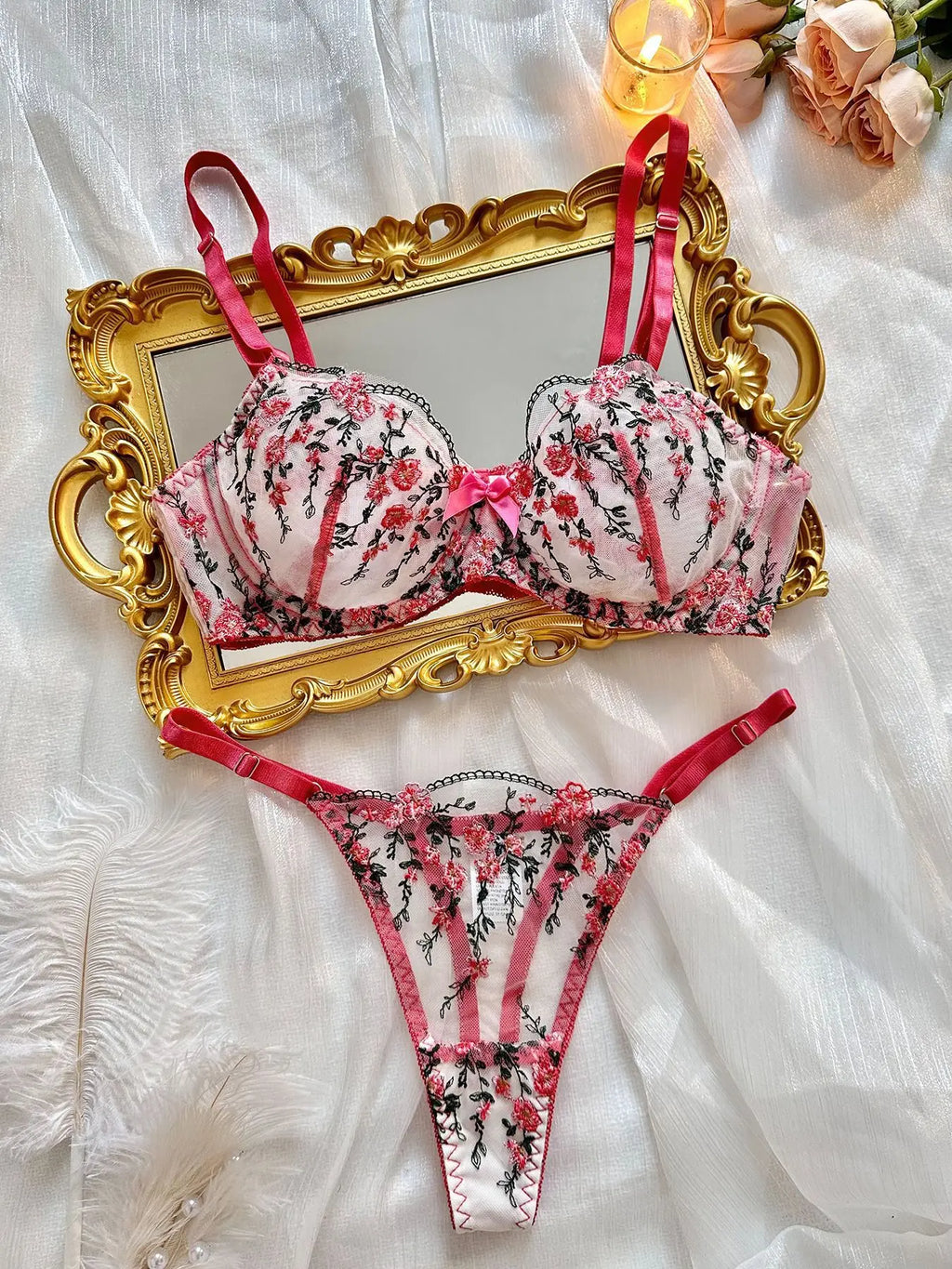Sexy Women Lingeries Embroidery Floral Underwear Transparent Lace Short Low-waist Kits Sweet Delicate Fairy Bra Bra & Brief Sets