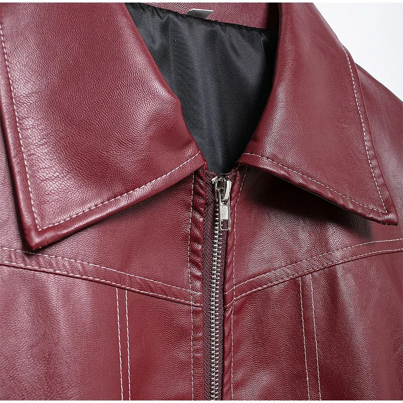 Women's Artificial Leather Short Jacket Retro Red Linen Coat Spliced Zipper Jacket Autumn Women's Lapel Pocket Street Sportswear