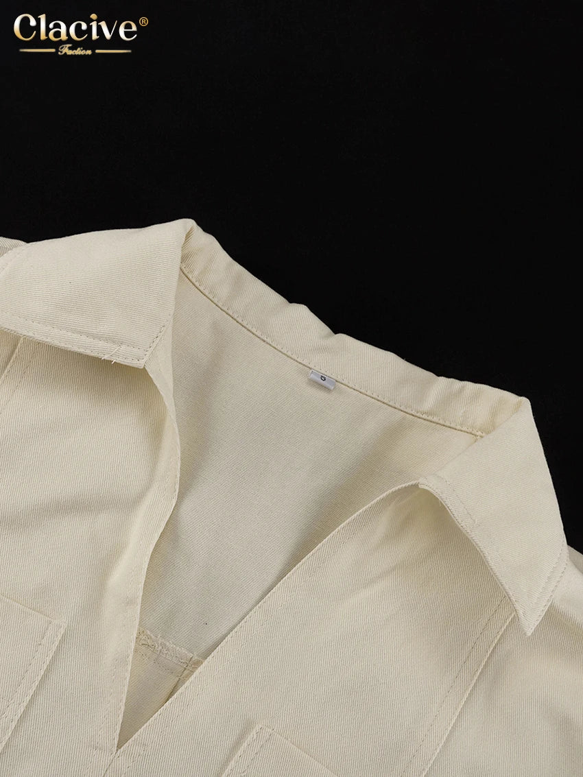 Clacive Fashion Loose Beige Cotton Women's Two Pieces Set Summer Short Sleeve Shirt With High Waist Shorts Set Female Clothing