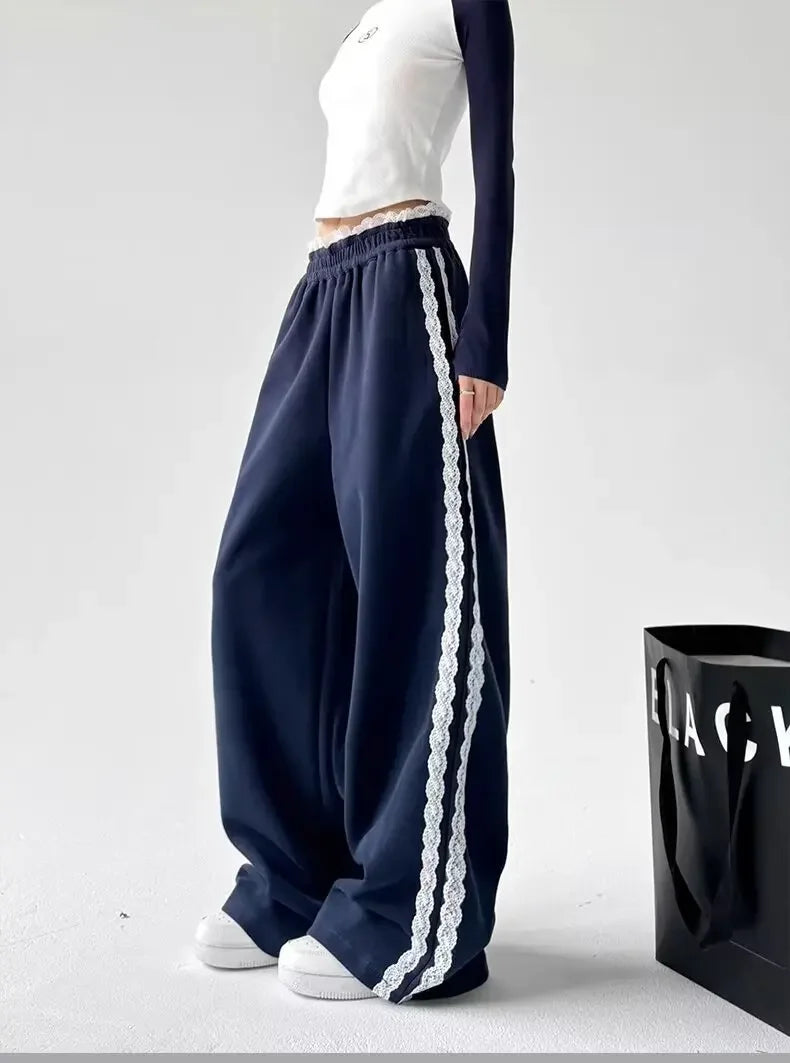 Trendy Casual Wide Leg Pants Women's Autumn Winter High Waist Splicing Lace Trim Drapey Slimming Sporty Trousers