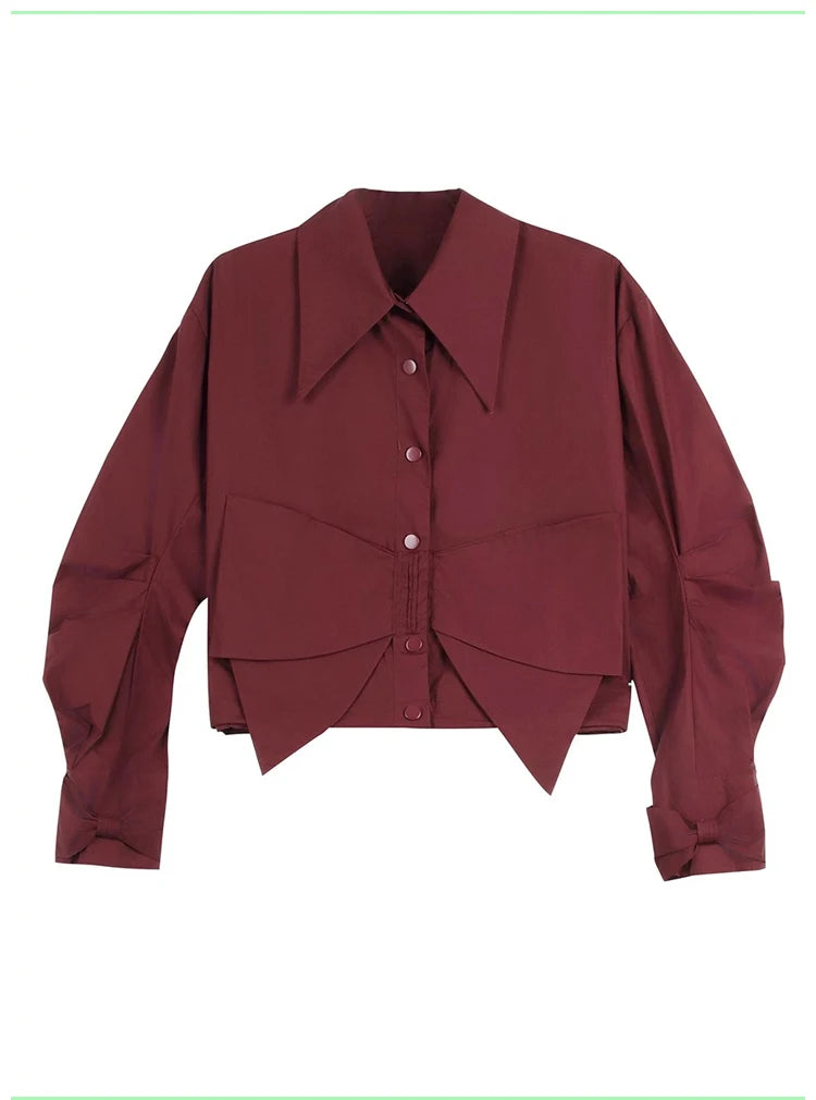 Spring new niche design solid color bow pleated short casual women's shirt for  women