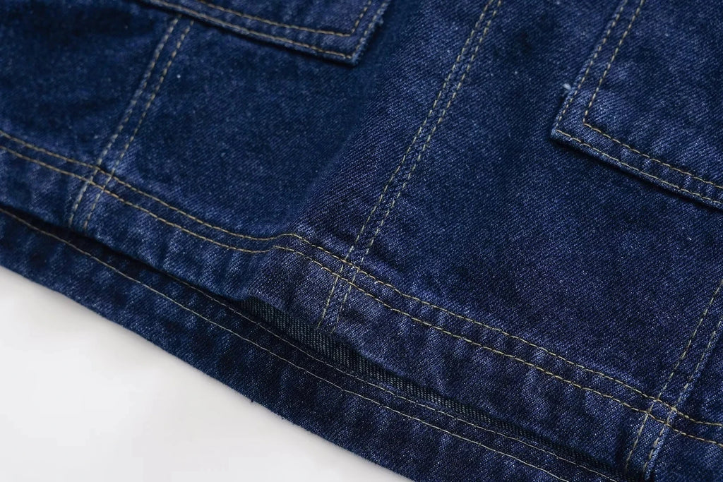 2025 Women's Fashion Flip Pocket Decoration Short Flip Collar Slim fit denim Top + Asymmetric Denim Skirt 2 Piece Set