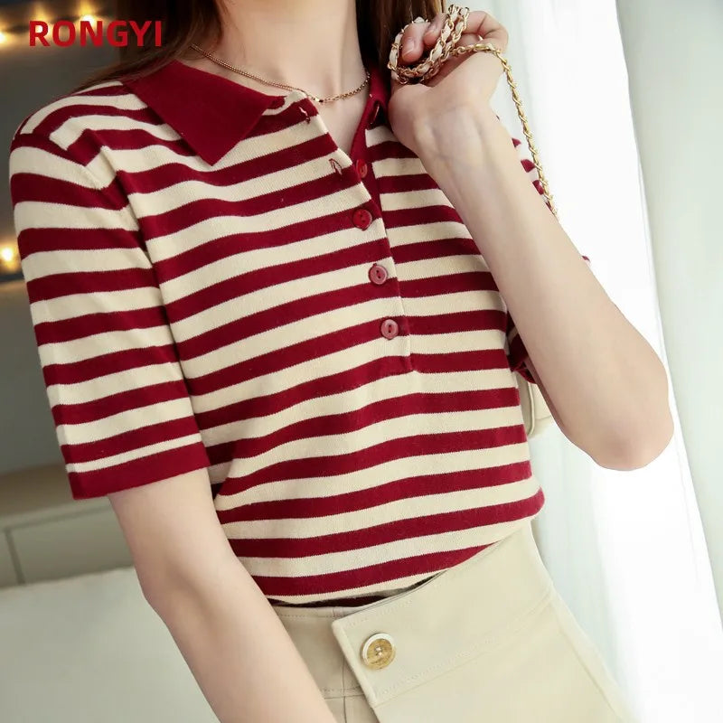 RONGYI 100% Cotton Women's Spring And Summer New Polo Neck Knitted Pullover With Stripes And Thin Short Sleeve T-Shirt Loose Top