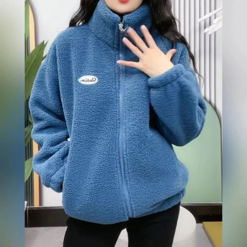 Thickened Fleece Winter Jacket Warm Cotton Clothes Anti-Aging Women's Loose Slimming Top High Collar Full Sleeve Polyester Fiber