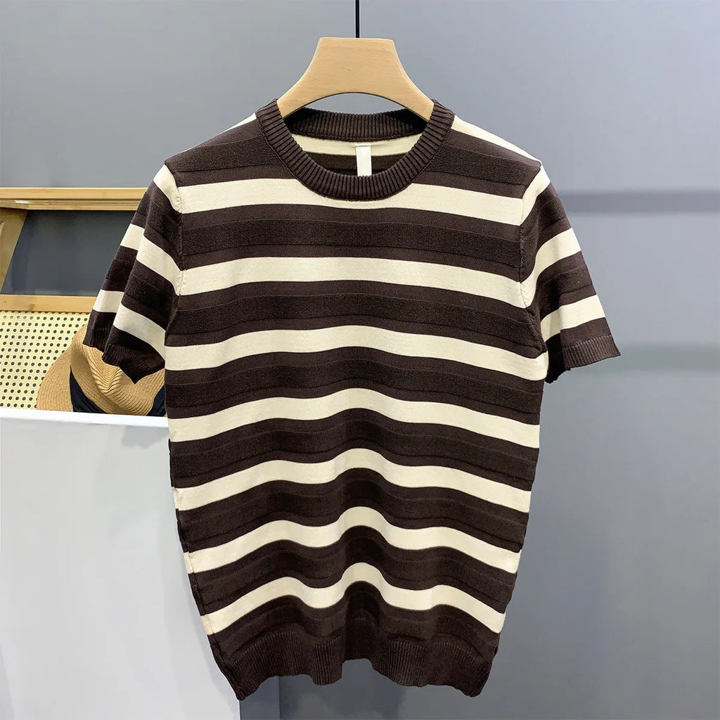 Black White Striped Knit Short Sleeves Men's Round Neck Summer Trendy Ice Silk T-shirt Men's Half Sleeve Body T-shirt