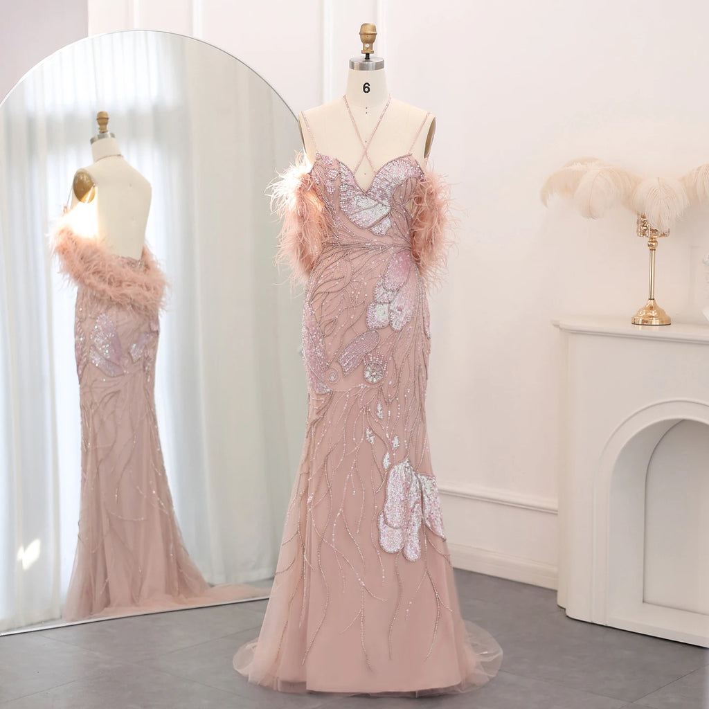 Sharon Said Luxury Mermaid Pink Evening Dresses with Feathers Scarf Straps Dubai Women Blue Wedding Prom Gowns SS478 Customized