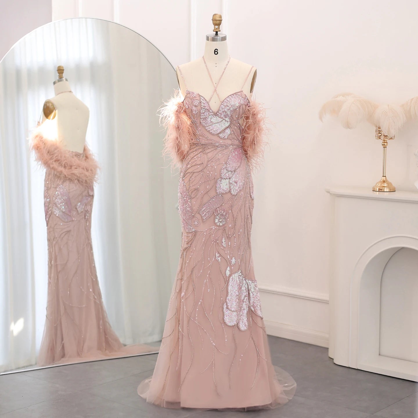 Sharon Said Luxury Mermaid Pink Evening Dresses with Feathers Scarf Straps Dubai Women Blue Wedding Prom Gowns SS478 Customized