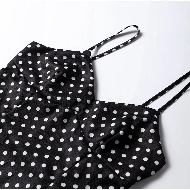 Retro Polk Dot Long Dress With Ribbon Women Sexy Low Cut Sleeveless Pleated Slim Evening Dresses Female Spring Chic Street Party
