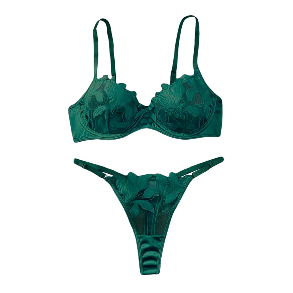 Women'S 2 Piece Lingerie Set Floral Embroidered Lace Sexy Satin Mesh Ingerie Bra And Panty Set Negligee Lingerie Sexy