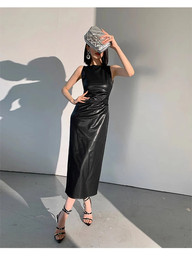 Lautaro Spring Autumn Sleeveless Backless Black Stretchy Blue Soft Faux Leather Midi Tank Dress Women Slim Fit Long Dresses 2023