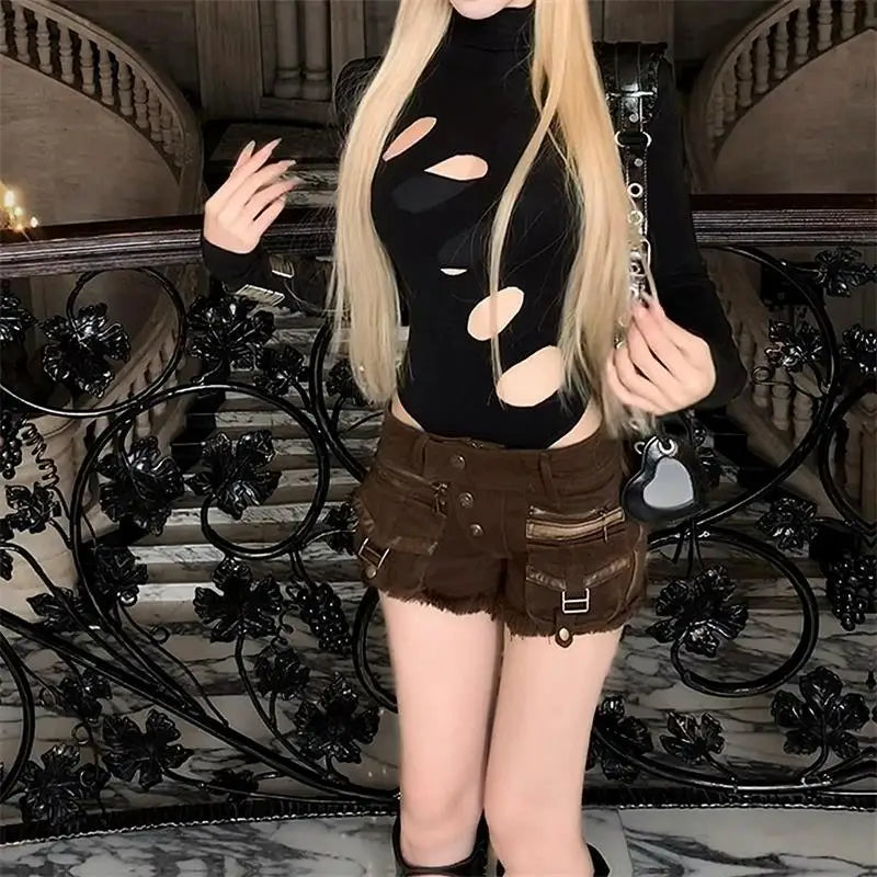 Sexy Dot Hollow Out Bodysuit Y2K Gothic Punk Long Sleeves Skinny High Collar T-shirt Women Autumn Streetwear Slim Bodysuits