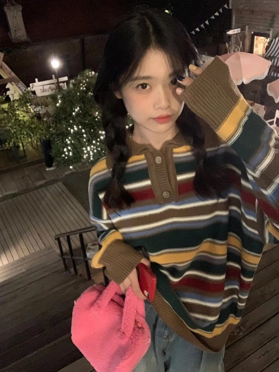 Retro Lazy Sle Women's  Ne Sweater Spring Autumn Loose  Stripes Knitted Top Comfortable Breathable Warmth