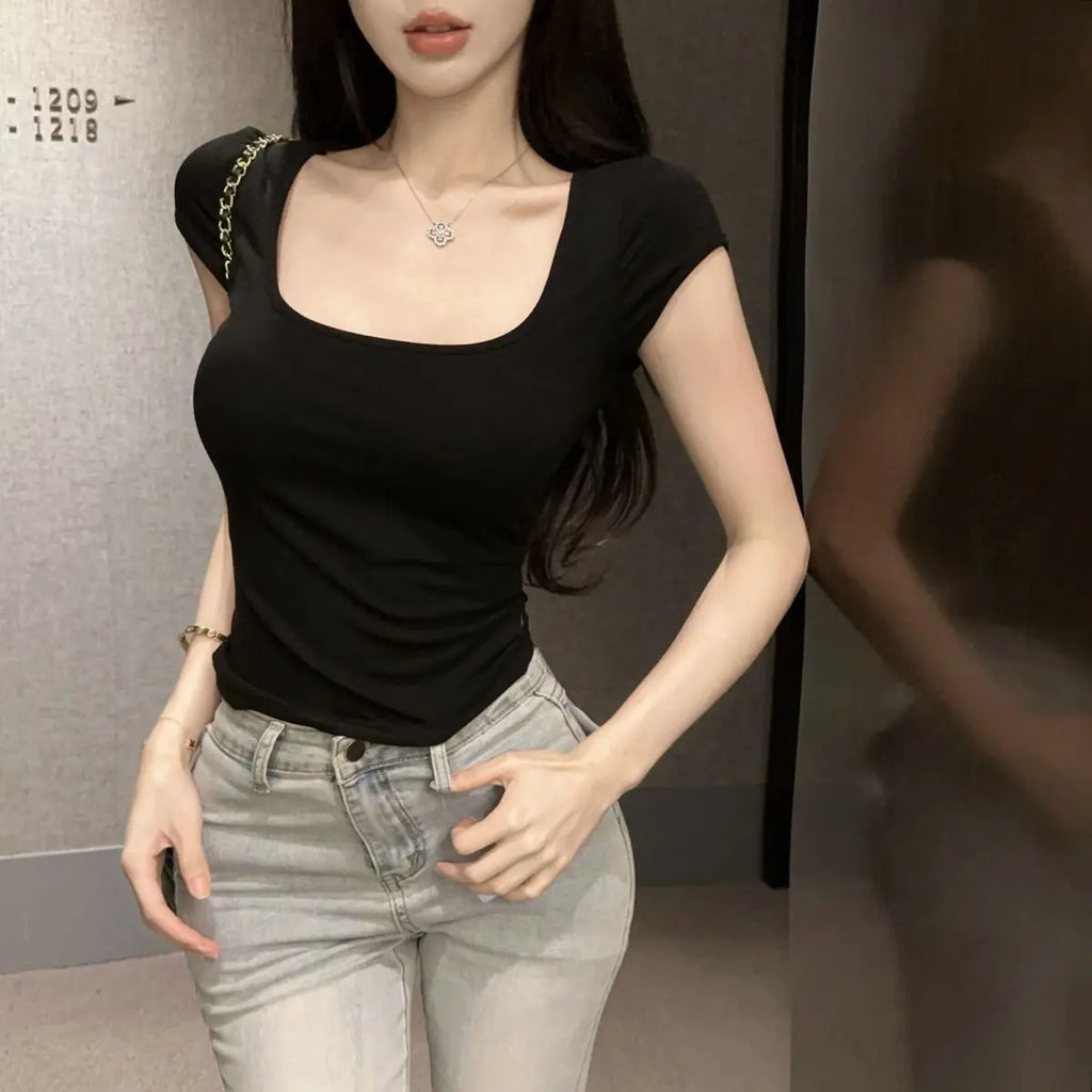 U-neck Short-sleeve T-shirt for Women Summer Slim-fit Sexy Sheer Mesh Fashionable Versatile Cropped Top