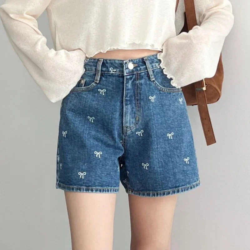 HELIAR Women Bowknot Embroidery Denim Shorts With Pockets Casual High Waist A-line Jean Shorts Female Office Trousers Summer