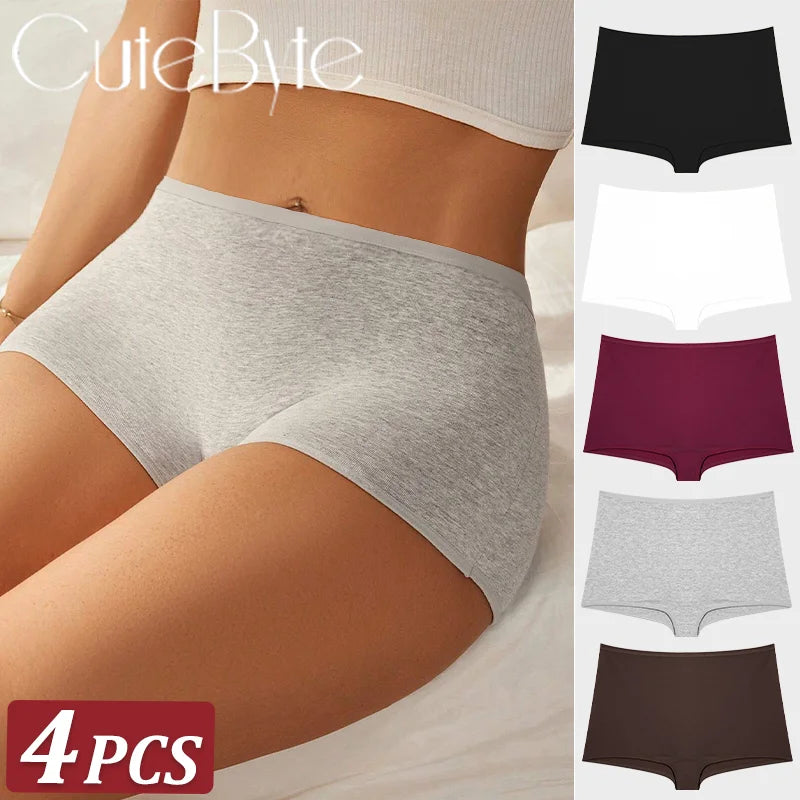 4PCS Women's Panties Cotton Seamless Sports Boxers Underwear Female Solid Color Briefs Cozy Lingerie Intimate Underpants XS-XL