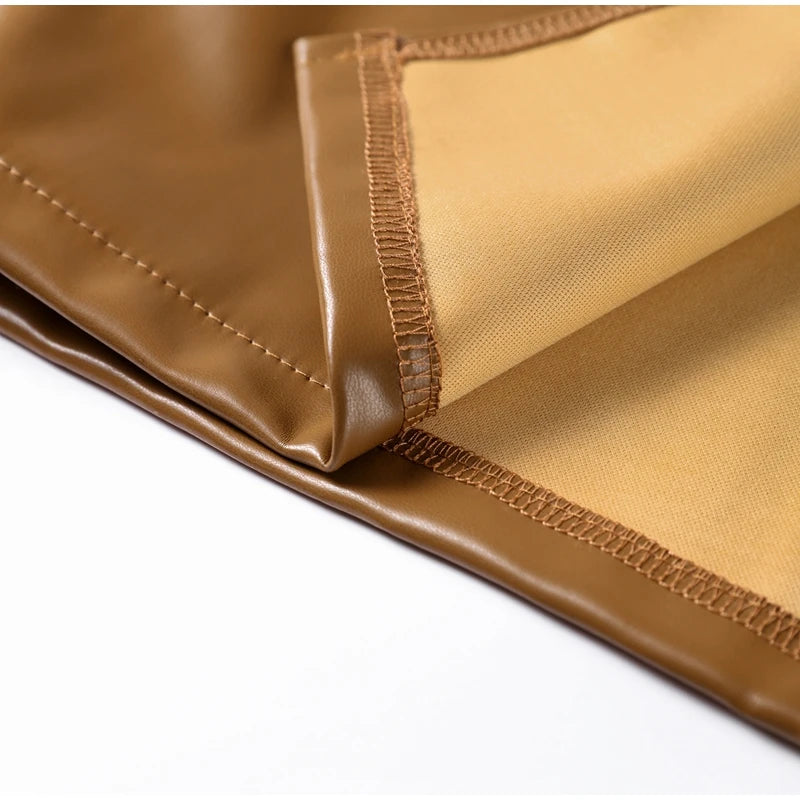 Vintage Midi Leather Dress Women Slim Turtleneck Sleeveless Hip Package Female Dresses 2025 Spring Lady Elegant Party Vestidos