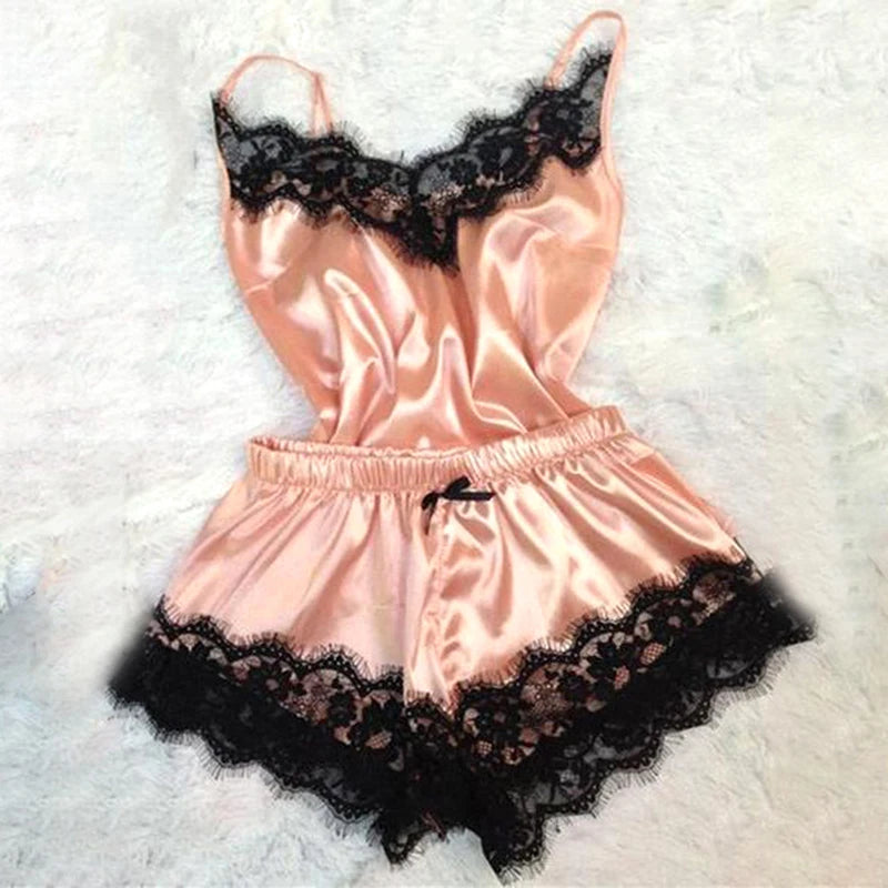 Fashion Nightwear Lace Trim Satin Cami Top Pajama Sets Sexy Hot Erotic Home Wear Women Pajamas Women Sleepwear Sleeveless Strap