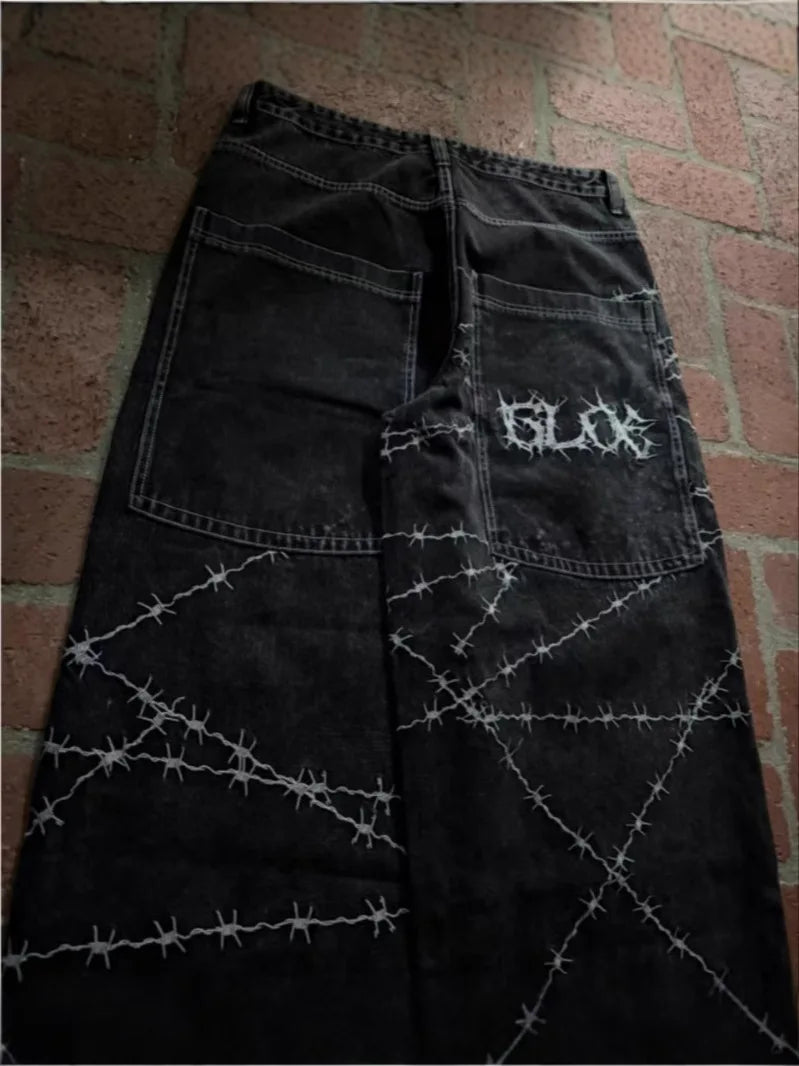 Jeans y2k high street hip hop loose wide-leg casual pants men's pants jeans street wear printed gothic style trousers hot sale