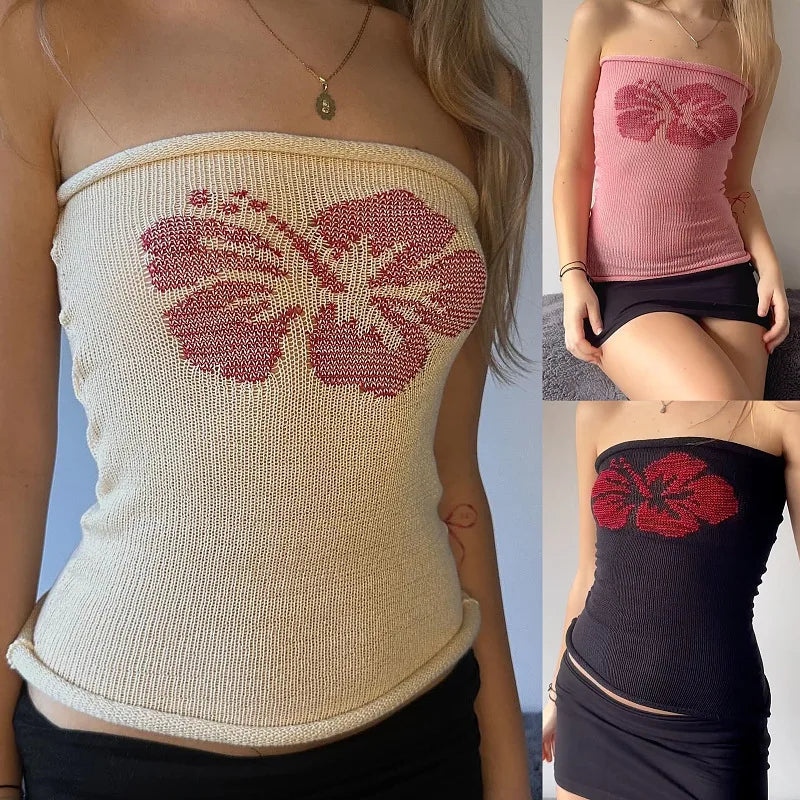 Sexy Hot Girl Tank Top Women Clothes Street Fashion Vintage Sleeveless Print Y2k Tops Knitted Tube Top Womens Tops