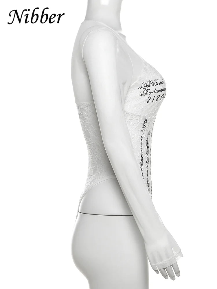 Nibber Lace up Woman Letter Print Bodysuits U Collar Hollow Out Long Sleeves Skinny Mesh Look Slimmer Korean Hottie Outfits