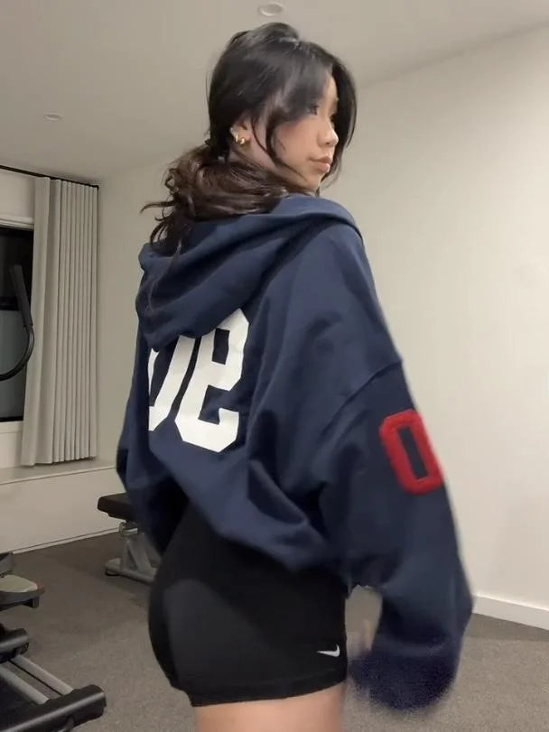 Embroidered Oversize Fce Lined Hoodie Cardigan Women's Spor Chic Autumn Winter Loose Fit Long Sve Cotton Jaet