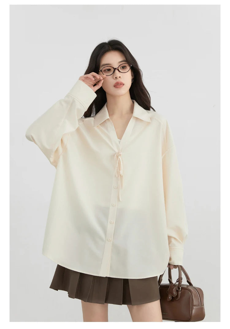 CHIC VEN Women Shirt Loose Casual Solid New Lapel Tie Design Sun Protection Blouses Long Sleeved Female Coat Summer 2025