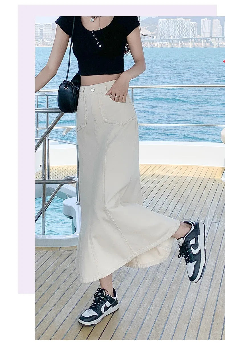 GUUZYUVIZ Denim Skirts Womens Summer Casual High Waisted Pocket Midi Skirt Ladies Korean Fashion Mermaid Skirt Female