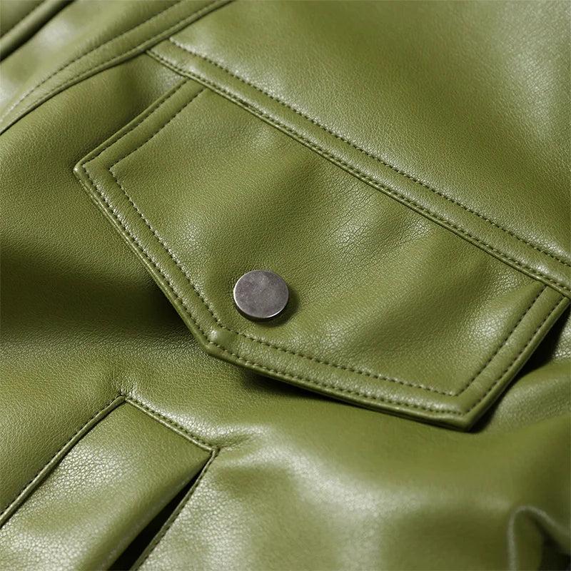 Fashion Green PU Leather Jacket Women Laple Zipper Loose Full Sleeve Single Breasted Cropped Coat 2024 New Lady Solid Streetwear