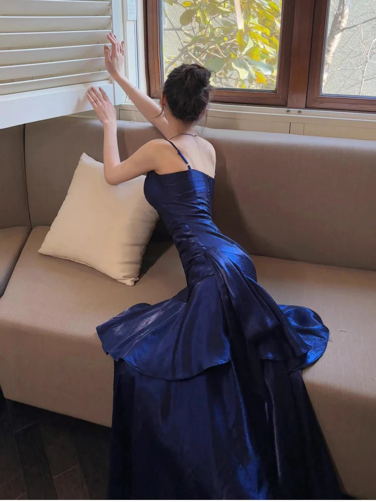 Elegant Romantic Party Women's Spaghetti Strap Dress Female Blue Ruffles Slim Fit Mermaid Dresses Chic Banquet Formal Gown