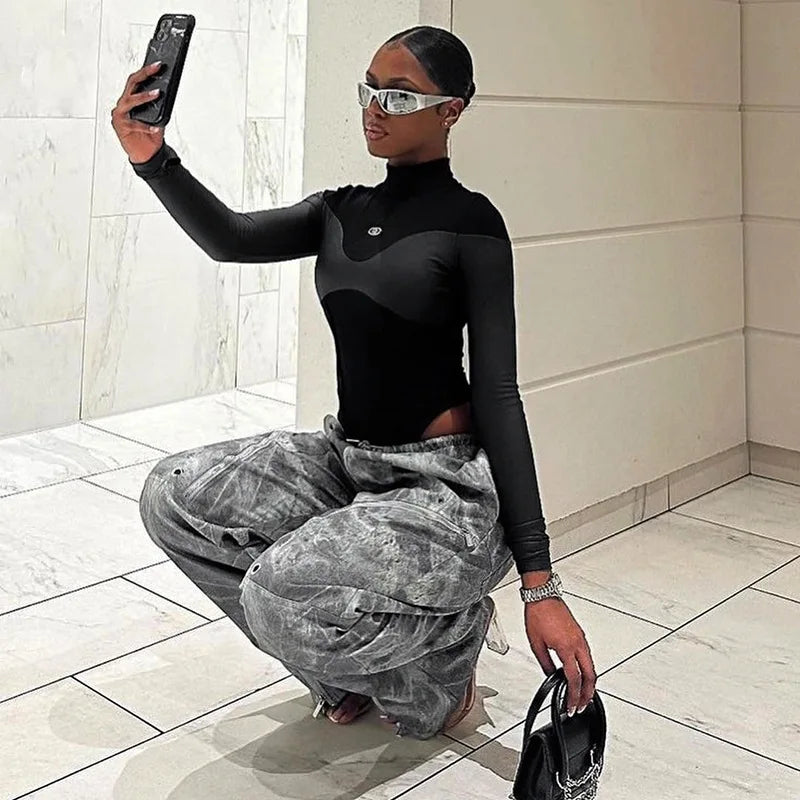 Long Sleeve Bodycon Lenceria Femenina Turtleneck Lingerie Sexy Body Feminino Black Tops Women PU Patchwork One-Pieces Bodysuit