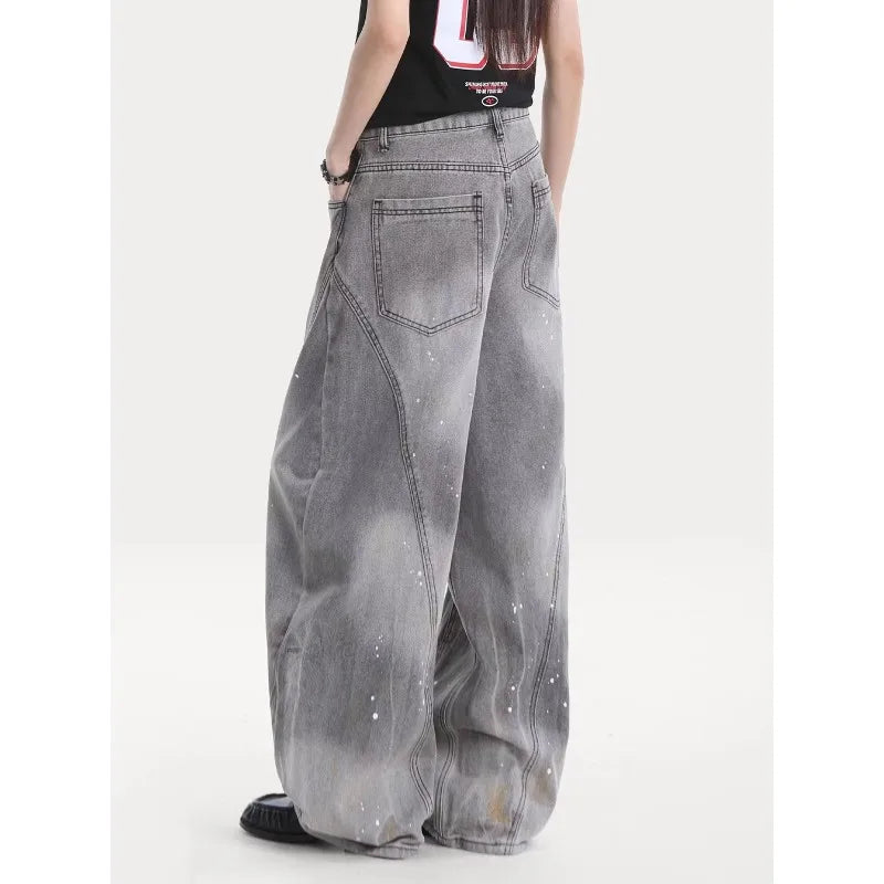 American retro washing smoke grey ink jeans scimitar straight wide-leg lazy style casual trousers Korean style