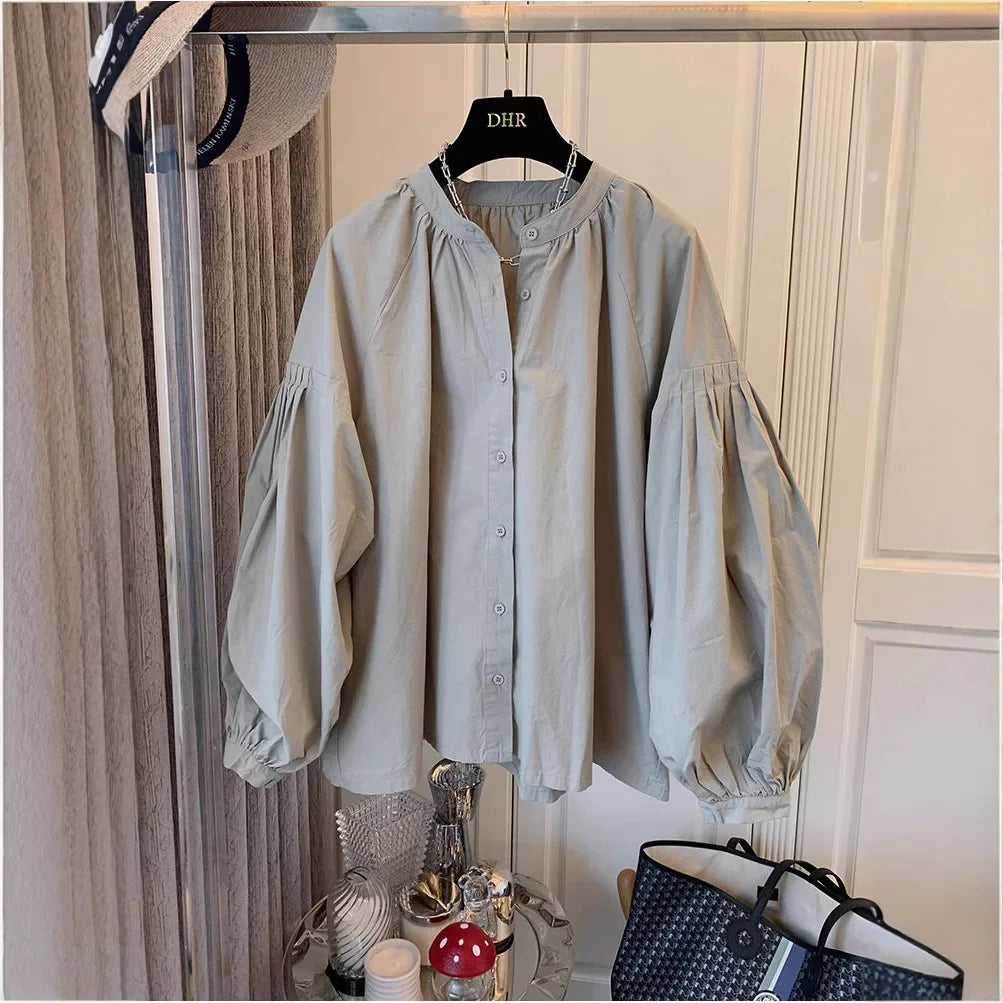 Korean Chic Stand Collar Lantern Sleeve Shirt Casual Loose Design Lazy Shirt Folded Women's Button up Cotton Blend Shirt