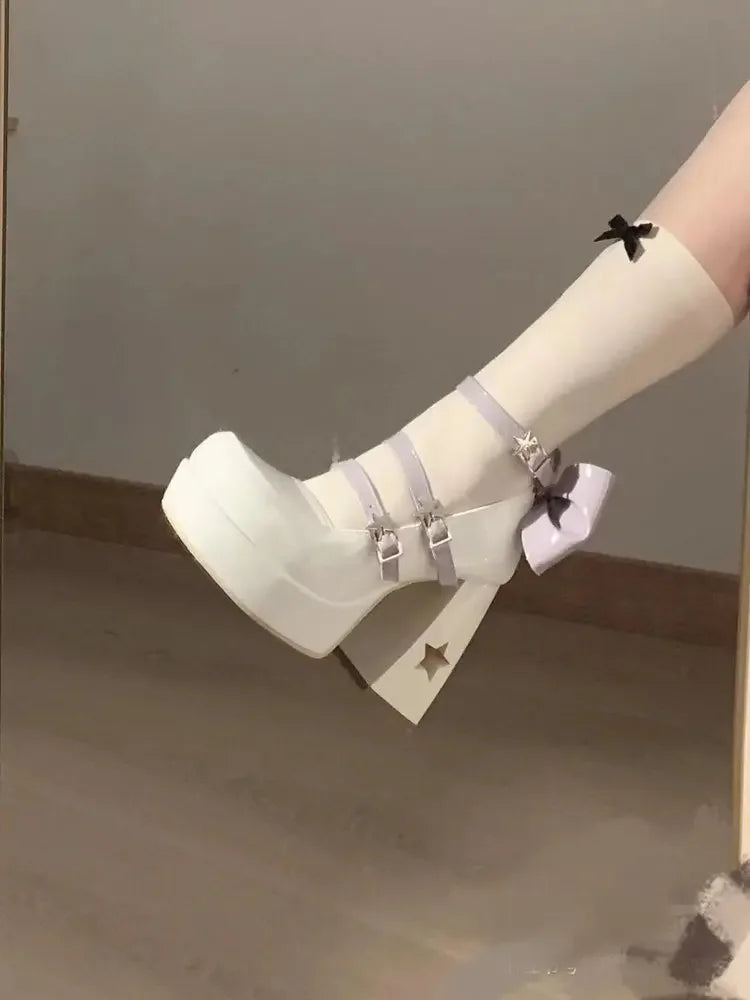 Mary's Spring New Women's Fashionable Thick Heel Bow Hollow Out Line Toe Flats Summer Season Flat Heel Women's Shoes