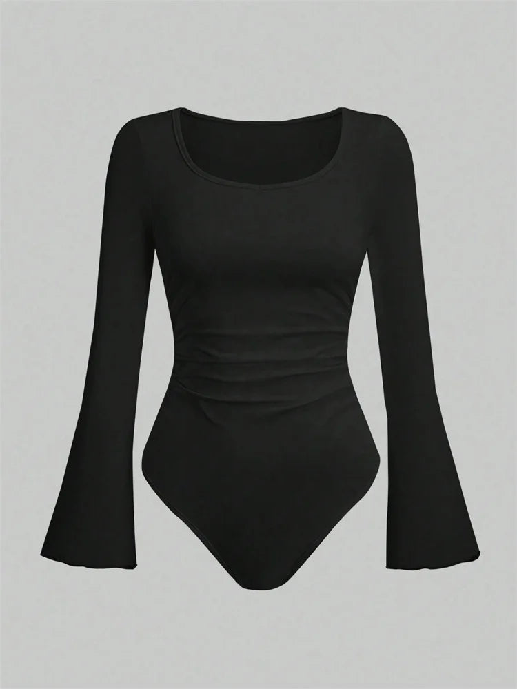 Women's Solid Color Ruffle Hem Flare Long Sleeve Bodysuit Autumn Winter 2024 Round Neck Plain Ruched Slim Fit Romper Top