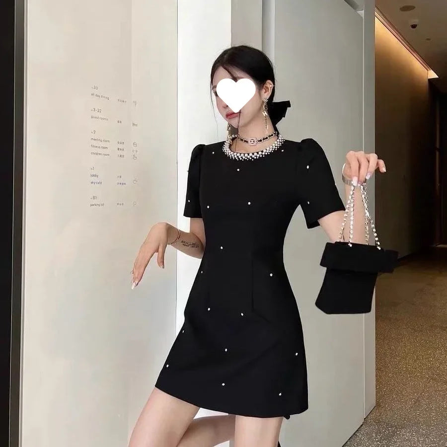 Sweet Elegant round Neck Waist-Cinched Mini Skirt Dress Hepburn Style Beaded New Summer Collection Fashionable Chinese Brand