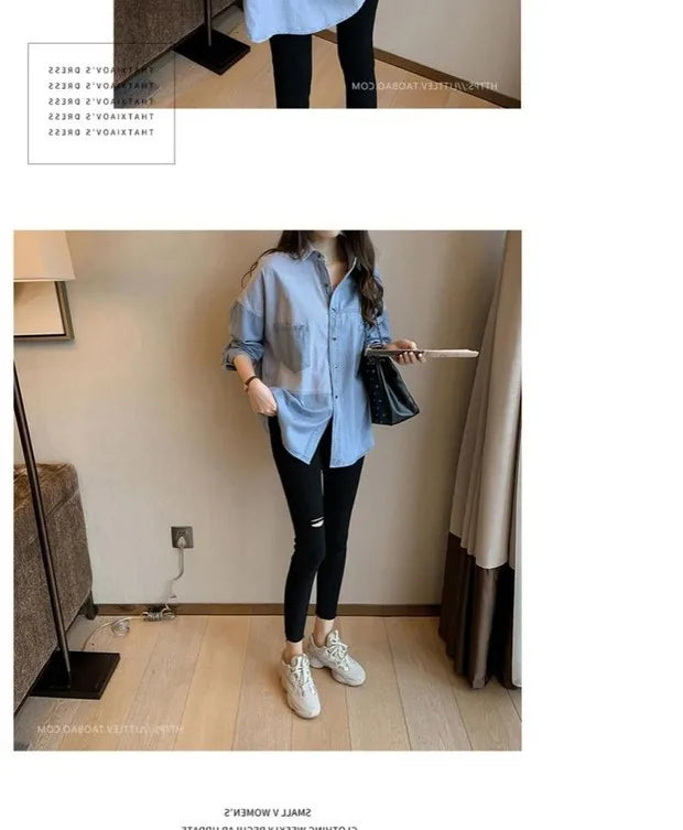 Womens' Splicing Striped Shirt Fashion Spring Autumn Versatile Thin Outerwears Korean Fashion Loose Blue Denim Jackets
