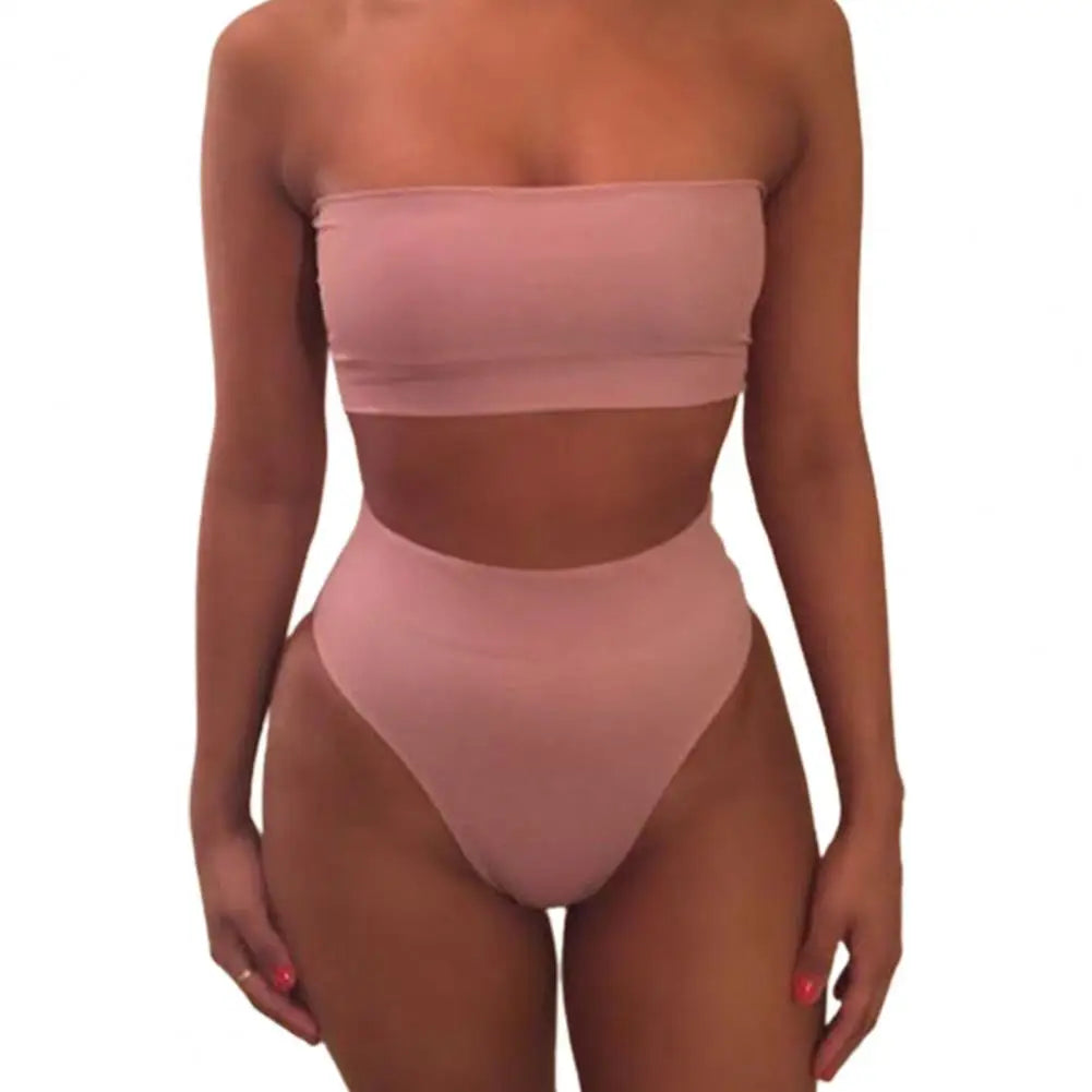 2 Pcs/Set Bikini Set Solid Color Elastic High Waist Strapless Female Bathing Suit Beachwear Summer Lady Swimsuit for Swimming