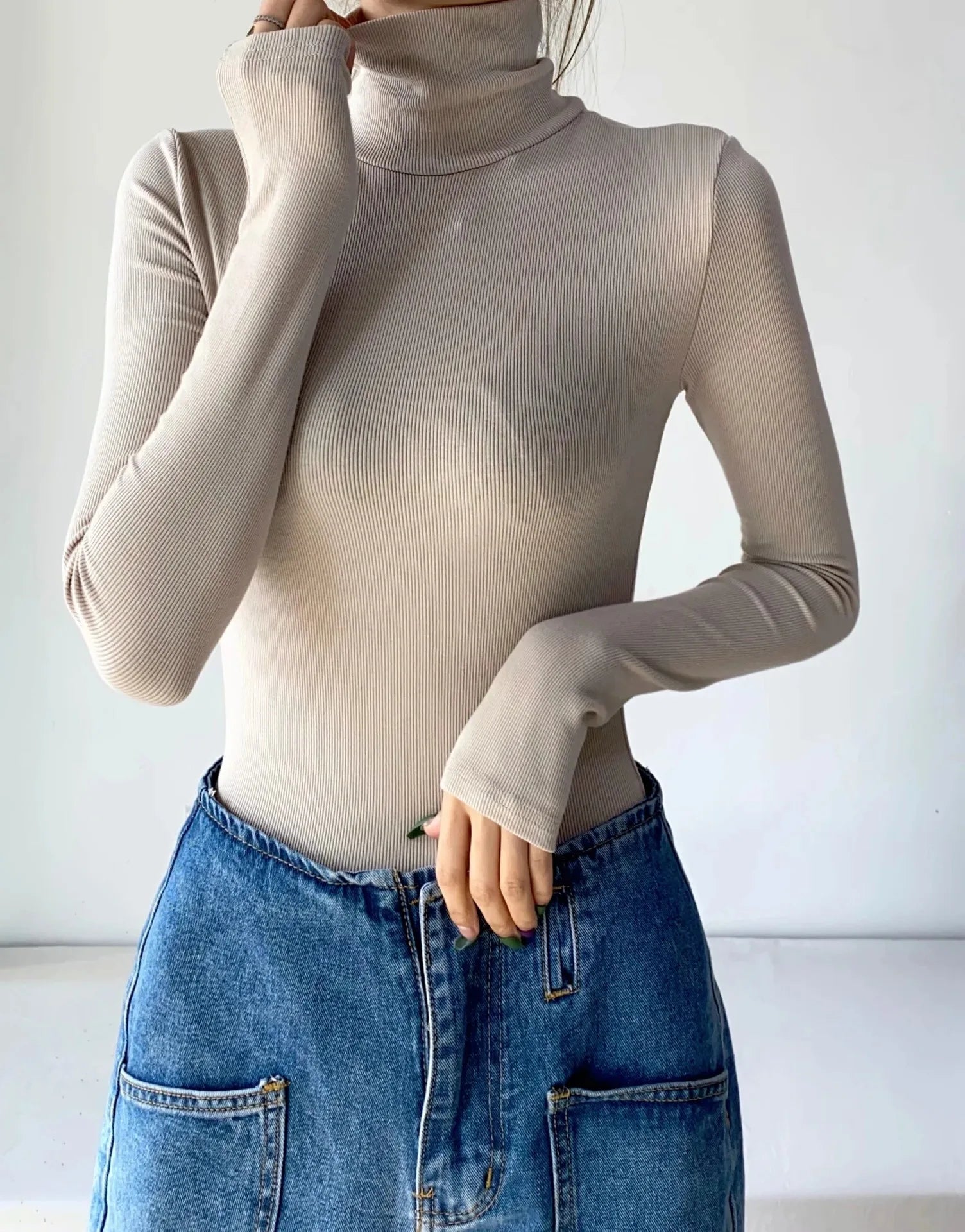 Woman Ribbed Knit Bodysuits Turtleneck  Sexy  Autumn Long Sleeve Bodycon Pullover Soft Elastic Knitting Tops