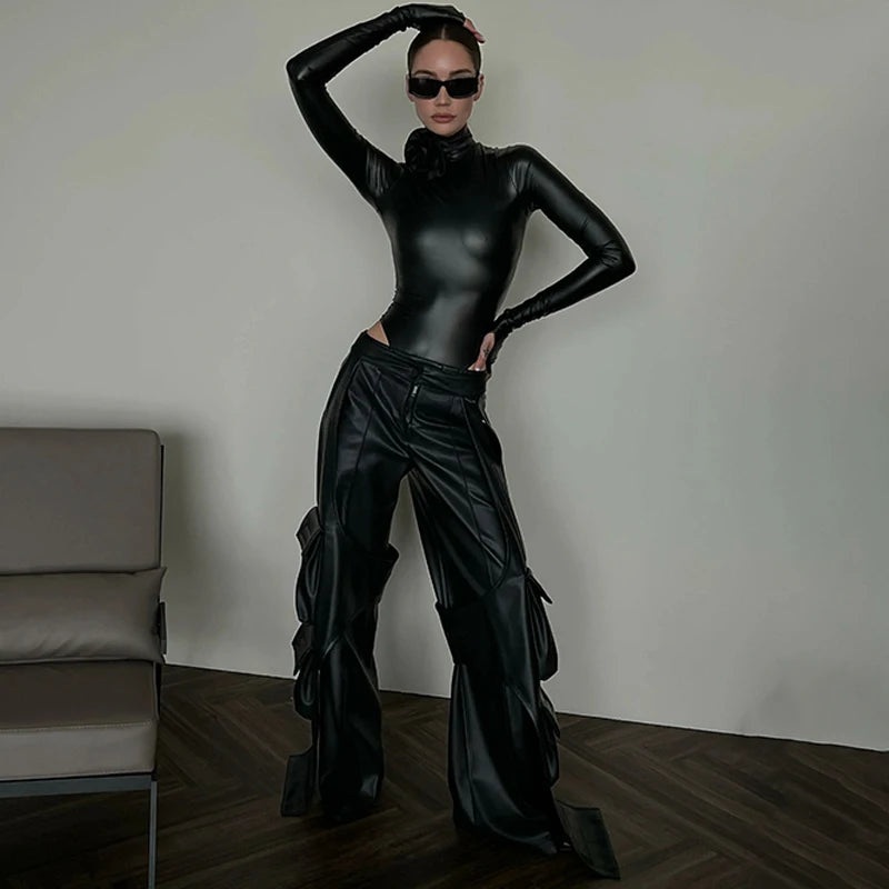 Hugcitar Fashion Pu Leather Black Turtleneck Tie Flower Long Sleeve Buttons Sexy Bodycon Bodysuit Women Party Overalls Romper